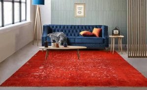 Azerbaijan Tappeti Milano Un soggiorno vivace con un divano blu e un tappeto rosso, che mostra una selezione di squisiti tappeti persiani disponibili per la vendita presso il nostro negozio a Milano.